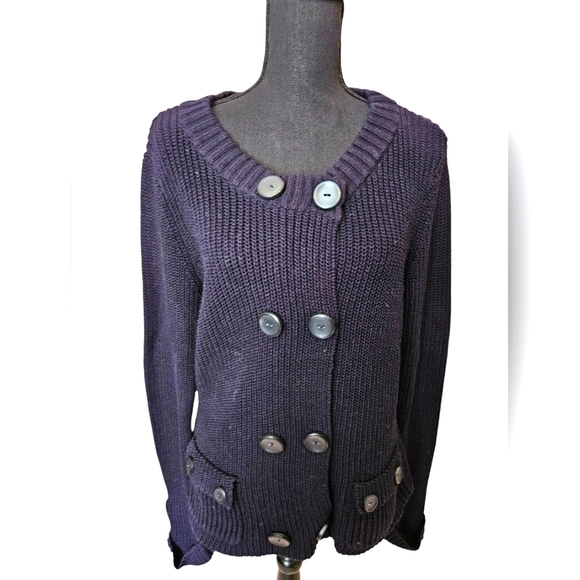 Talbots Black Heavy Knit Cardigan Sweater Sz Lg - Picture 1 of 6